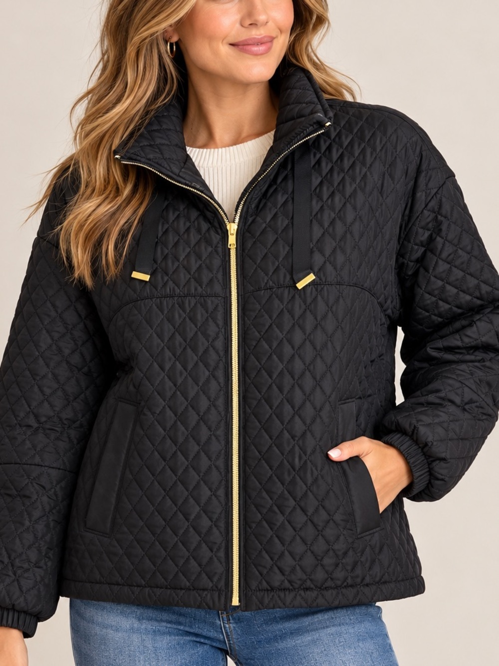 Weatherproof Black Quilted Jacket Gold Zip Leopard Lining Women’s L